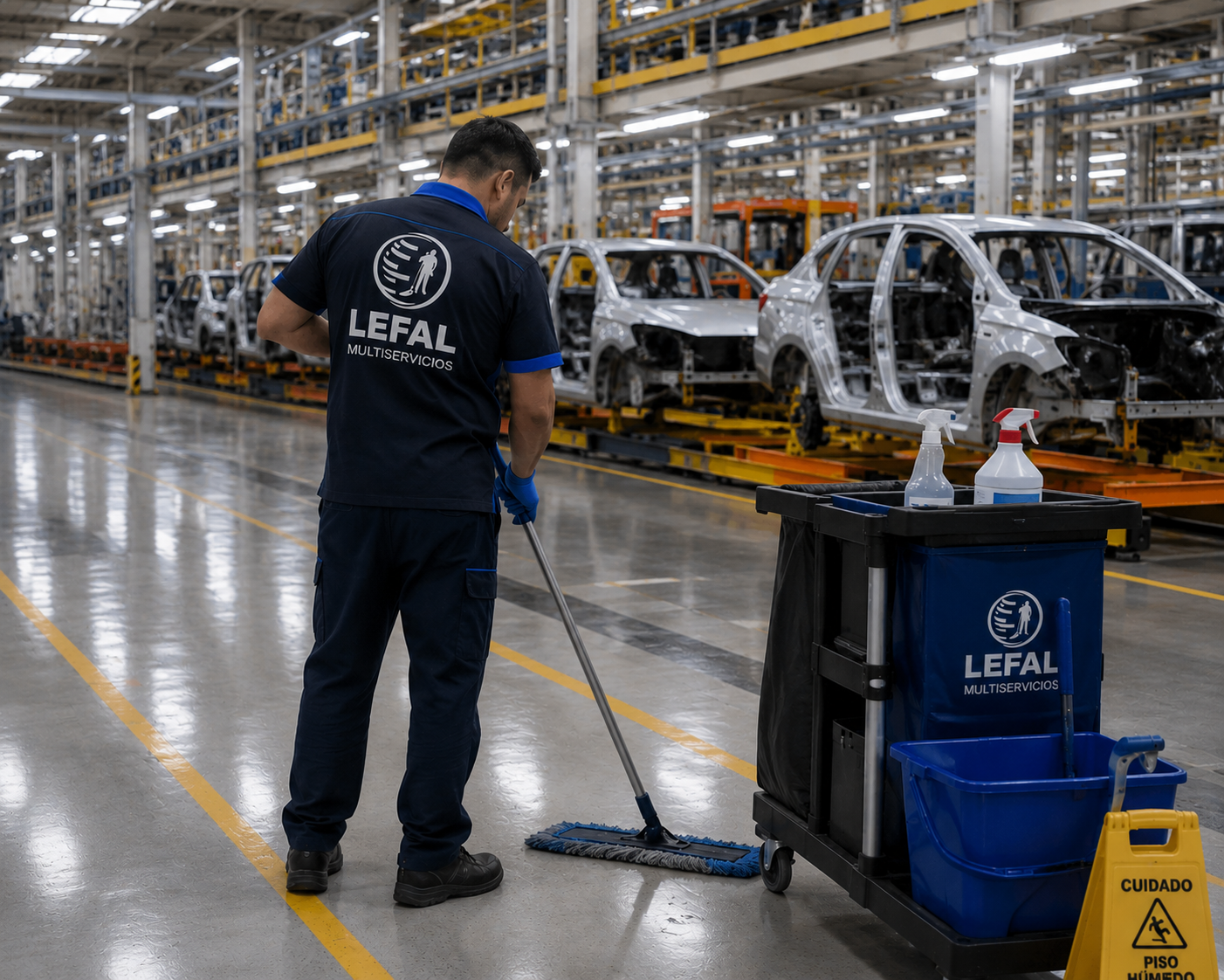 Operario LEFAL realizando limpieza profesional en fábrica automotriz